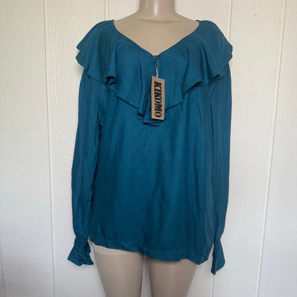 Kikomo Women's Ruffle Top Blouse Long Sleeve Rayon Lagenlook Casual sz M NWT